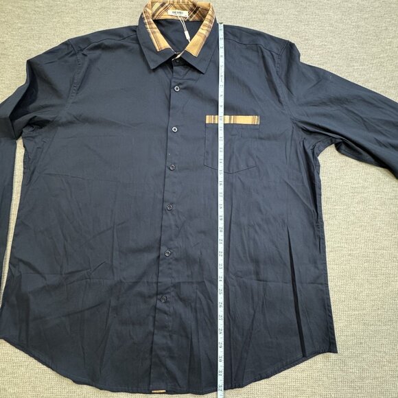 Coofandy Mens Size XXL Shirt Navy Blue Tan Plaid Trim Button-Up Long Sleeve NWT - Picture 10 of 13